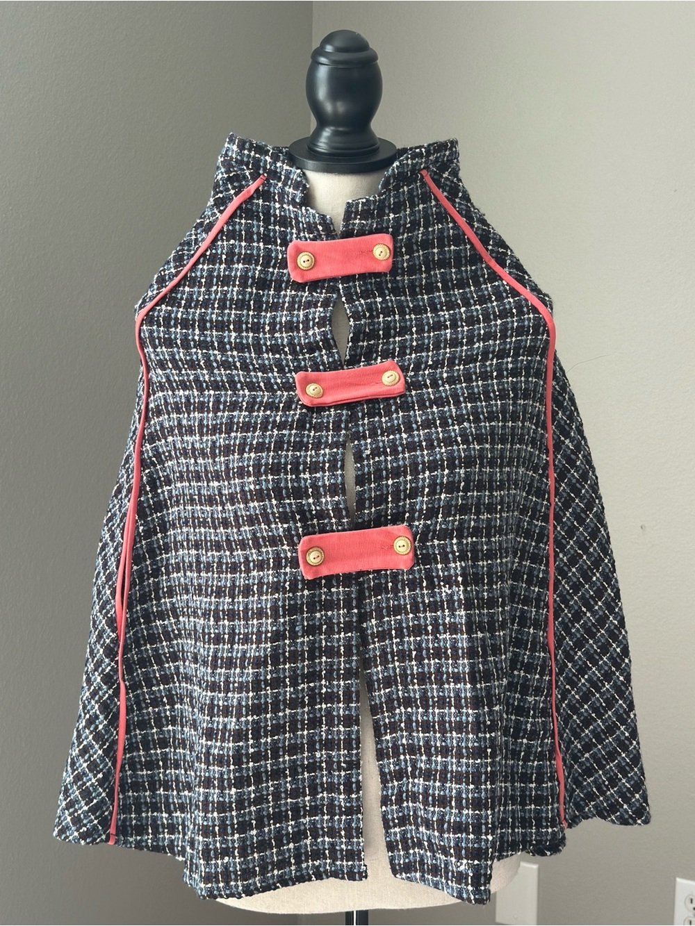 Vintage Mia Belle Baby Couture Black Brown Tweed Cape Coral Trim Gold Accents